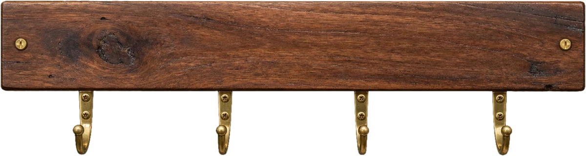 Walnut hook rack with four brass hooks
